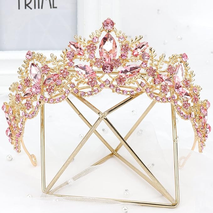 Pink Tiara for Women Gold Crown for Girls Wedding Princess Birthday Crystal Rhinestones Headbands for Prom Bridal Party Halloween Costume Christmas Gift