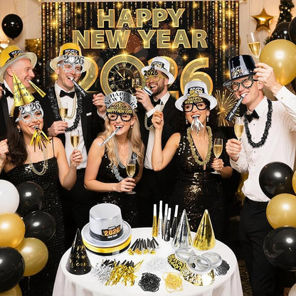 MOVINPE 2026 New Years Eve Party Supplies Bulk Serve 60 - New Year's Banner Backdrop Top Hats, Cone Hats, Tiara, Glasses, Bead Necklace, Leis, Horns, Blowouts, Noiese Makers, Event Party Favors