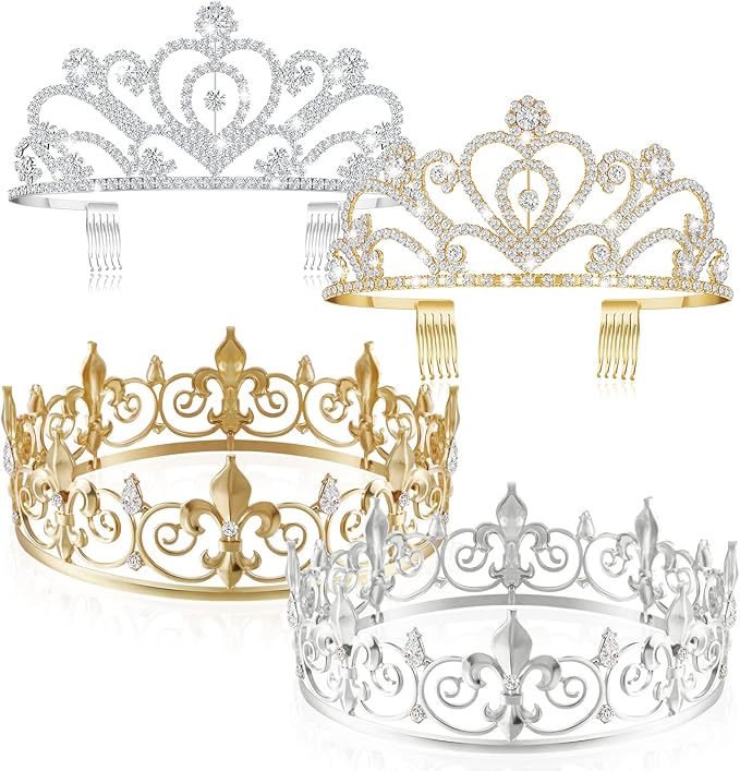 Henoyso 4 Pcs Prom King and Queen Crowns for Men Women Halloween Party King Queen Tiara Headband Homecoming Party Favor