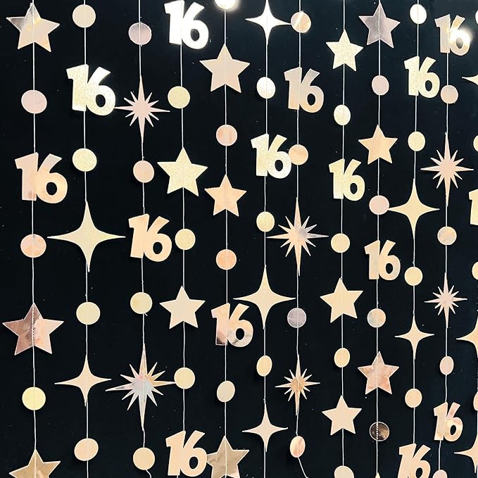 Champagne Gold Number 16 Circle Dot Twinkle Star Garland Streamer Bunting Banner Backdrop Decorations for Girls Happy 16th Birthday Sweet Sixteen 16th Anniversary Cheers to 16 Years Party Decor