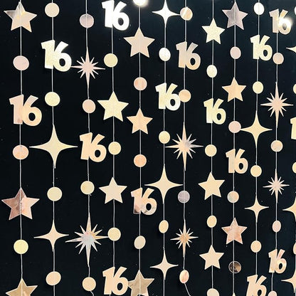 Champagne Gold Number 16 Circle Dot Twinkle Star Garland Streamer Bunting Banner Backdrop Decorations for Girls Happy 16th Birthday Sweet Sixteen 16th Anniversary Cheers to 16 Years Party Decor