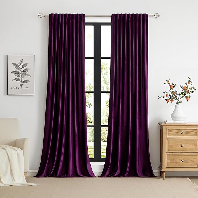 PRIMROSE Purple Velvet Curtains 102 inch Long for Living Room,Set of 2 Panels Blackout Rod Pocket Back Tab Window Treatment Room Darkening Heavy Decorative Curtains Drapes for Bedroom