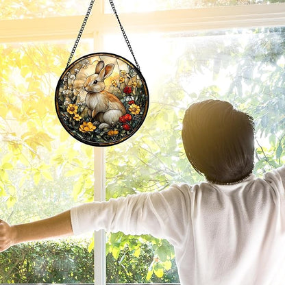 Stained Glass Window Hanging - Rabbit Flowers Suncatcher Ready to Hang Window Doors Home Decoration, Easter, Mother's Day Birthday Gifts for Women, Men, and Mom 6.3x6.3 in