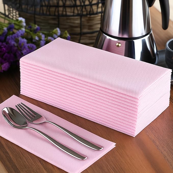 Baby Pink Paper Napkins | Linen Feel Guest Disposable Cloth Like Dinner Napkins | Hand Towels | Soft, Absorbent, Paper Hand Napkins for Kitchen, Bathroom, Parties, Weddings, Dinners | 50 Pack