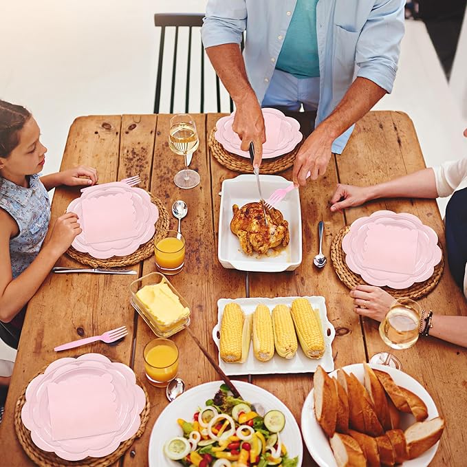 96 Pcs Pink Paper Plates and Napkins Set Party Supplies, Tableware set for 24 Guest include Disposable Pink Scalloped Plates, Napkins and Forks for Baby Shower Bridal Shower Wedding
