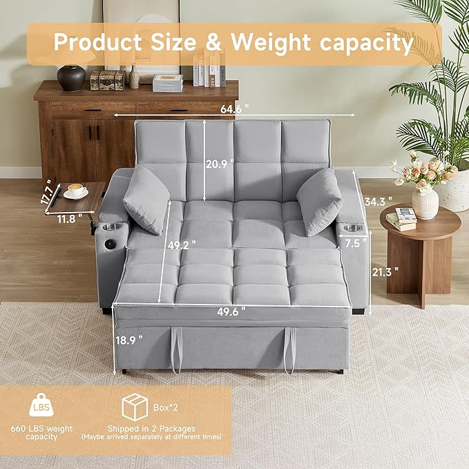 66" Multi-Functional Pull-Out Sofa Bed with Hidden Side Table, Storage Armrests, Built-in Charging Port, Spring Mattress, Solid Wood Frame – Ideal for Small Spaces, Easy Assembly