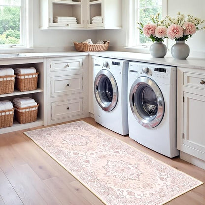 Area Rugs 2'x6' Runner Rug Non Slip Washable for Kitchen Hallway Bedroom Beside Laundry Room Bathroom Rug, Floor Carpet, Pink Greypink Cute