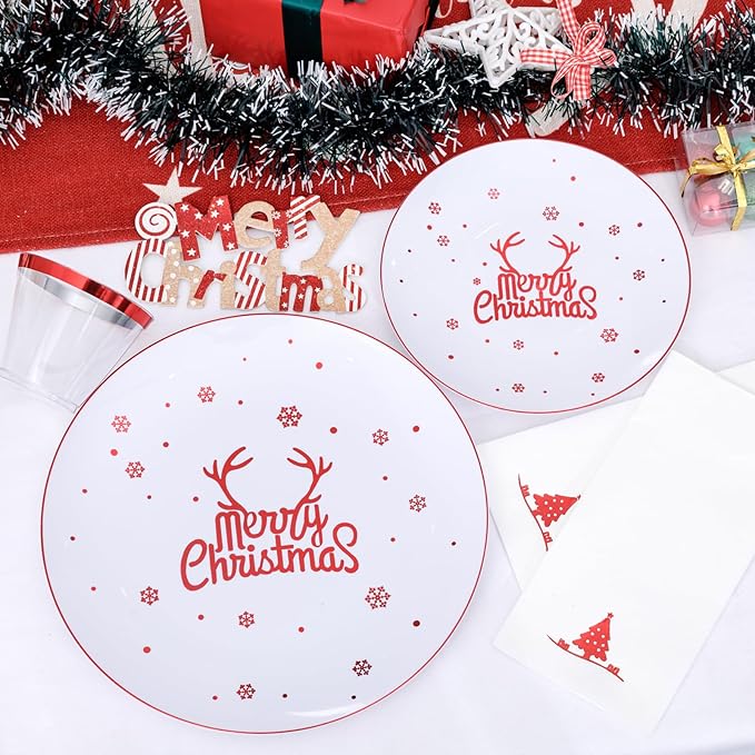 Nervure 175PCS Christmas Plastic Plates - White and Red Disposable Plates & Red Plastic Silverware include 50 Plates 25Knives 25Forks 25Spoons 25Napkins for Christmas Party