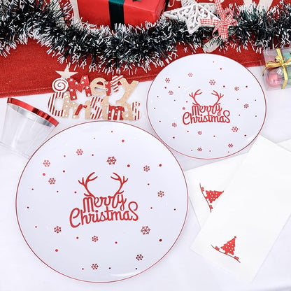 Nervure 175PCS Christmas Plastic Plates - White and Red Disposable Plates & Red Plastic Silverware include 50 Plates 25Knives 25Forks 25Spoons 25Napkins for Christmas Party