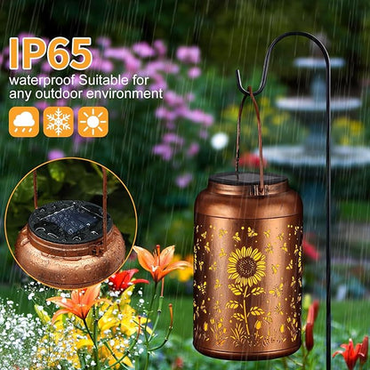 Solar Lanterns Outdoor, Waterproof Hanging Metal Solar Lanterns LED Decoration for Garden, Yard, Patio - Perfect Birthday Gifts for Women Mom Grandma(Sunflower + Bee)