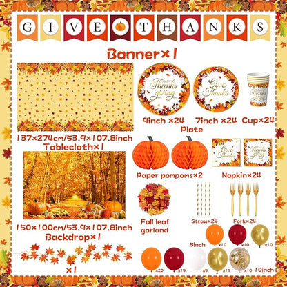 Thanksgiving Decorations,247pcs Fall Themed Give Thanks Decorations Thanks Giving Decorations Party Plates Napkins Cups Tablecloth Balloons for Thanksgiving Party Decorations,Serve 24