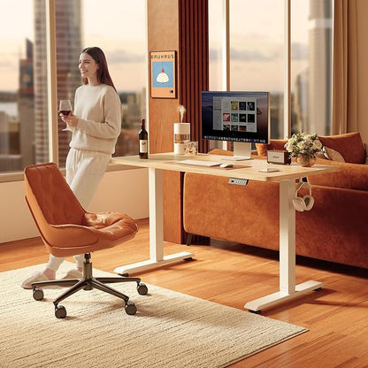 FEZIBO 55 x 24 Inchs Electric Standing Desk, Height Adjustable, Sit Stand Up, Computer Office Desk with Splice Board, White Frame/Maple Top