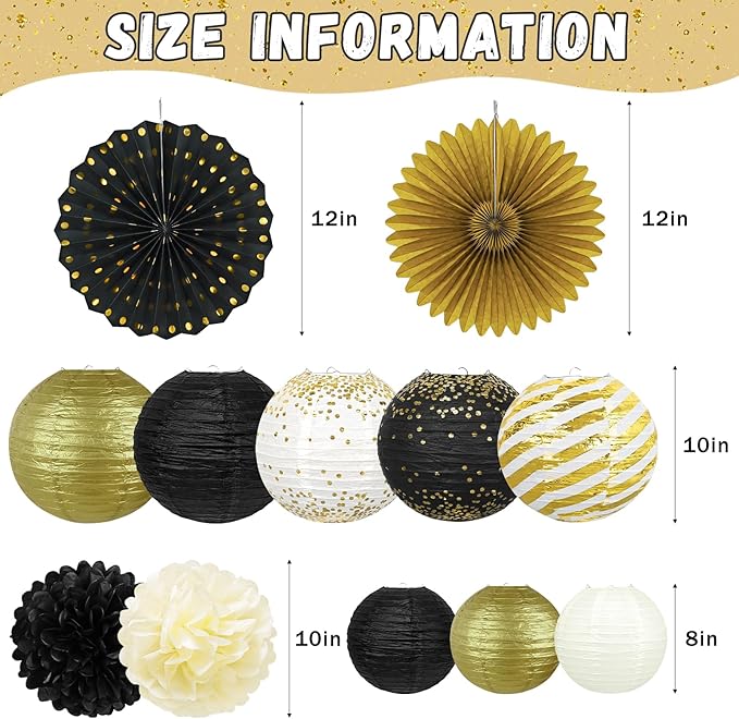 14Pcs Black and Gold Party Decorations, Hanging Paper Lanterns Fans Tissue Flower Pom Poms for Men 50th 60th Birthday Graduation New Years Eve Party Supplies New Years Decorations