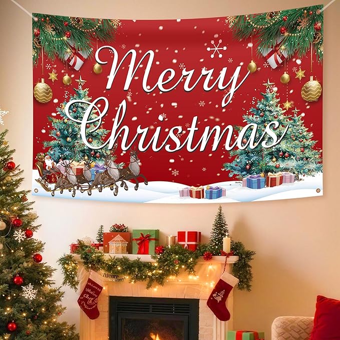 HOOSUN Christmas Decorations,72 x 44 Inch Merry Christmas Backdrops for photography,Xmas Banners Party Decorations,Xmas Photo Booth Backdrop Party Banner for Wall,Yard,Garage