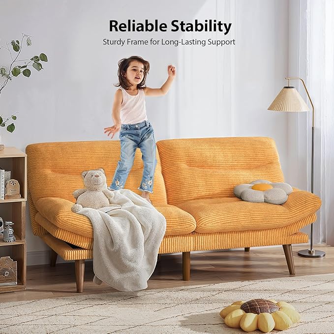 Pipishell Futon Sofa Bed, 66 Inch Corduroy Futon Couch Convertible with Adjustable Backrest and Armrests, Recliner Sleeper Sofa for Small Spaces, Living Room, Office, Guest Room (Yellow, 66 Inch) | Adjustable