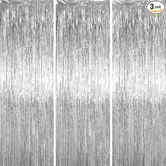 3 Pack 3.3 x 6.6 ft Silver Foil Fringe Backdrop Curtains, Tinsel Streamers Party Decorations, Fringe Backdrop for Birthday, Baby Shower, Gender Reveal, Graduation