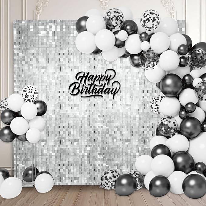 48 PCS Silver Shimmer Wall Backdrop, Square Sequin Photo Backdrops Panel, Glitter Wall Background for Birthdays, Weddings, Christmas, Engagements, Disco Bachelorette Party Decoration (6FTx8FT)