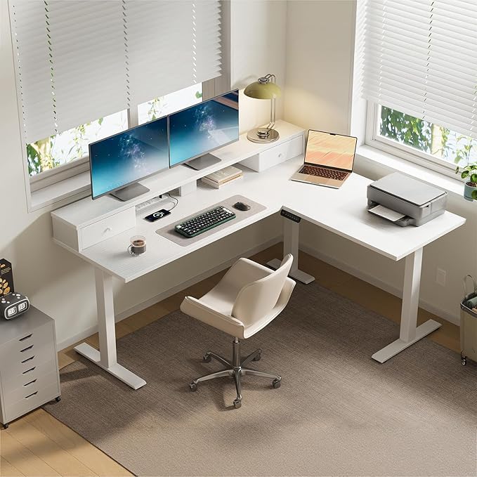 Casaottima 59 Inch Electric L-Shaped Standing Desk with Drawers, Height Adjustable Stand Up Corner Desk with Monitor Stand, Lift Table for Home, Office, Workstation, White