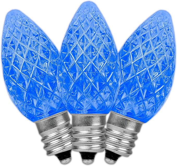 Novelty Lights 25pk Blue C7 LED Faceted Christmas Light Replacement Bulbs, Ultra Bright Dimmable Replacement Lamps for Indoor/Outdoor Light Strings
