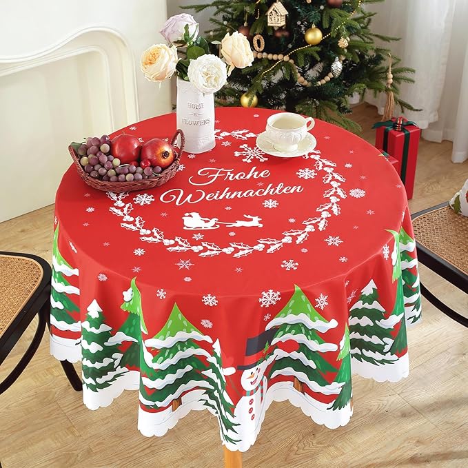 Eikione Christmas Tablecloth Round 60Inch, Christmas Tree+Santa Claus Table Cloth, Wipeable Table Cover for Picnic Party