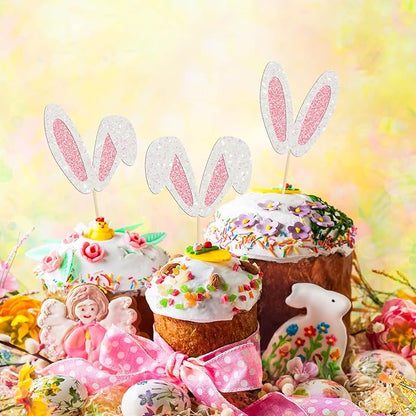 24Pcs Glitter Bunny Ears Cupcake Toppers Easter Rabbit Theme Happy Birthday Cupcake Picks for Bunny Happy Easter Baby Shower Birthday Spring Easter Party Cake Decorations