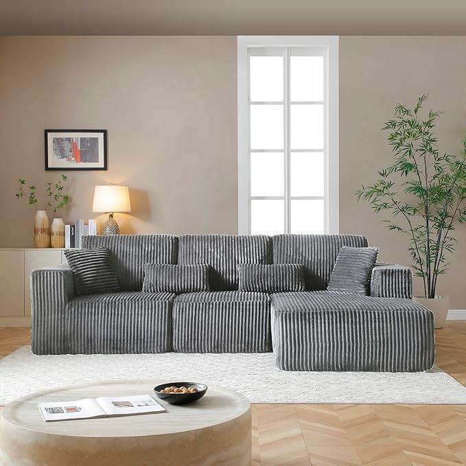 L Shaped Modular Boneless Sectional Couches for Living Room, Wide Armrest, Deep Seat, Memory Foam, Assembly Free, Modern Comfy Corduroy Fluffy Cloud Sofa with Right Chaise, Grey