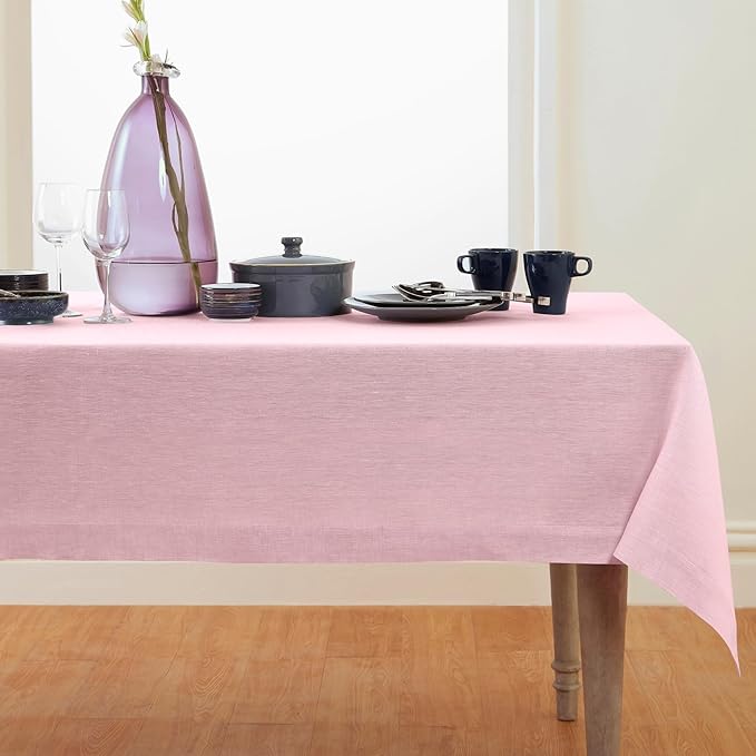 Solino Home Linen Tablecloth 60 x 132 Inch - 100% Pure Linen Bubblegum Pink Table Cloth for Rectangle Tables - Athena, Machine Washable Tablecloth