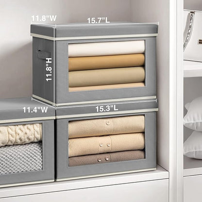 Storage Bins with Lids, 3 Pack Large Storage Cubes with Window, Closet Bins with Lids & Handles, Fabric Box for Organizing Clothes, Towels, Books, Grey