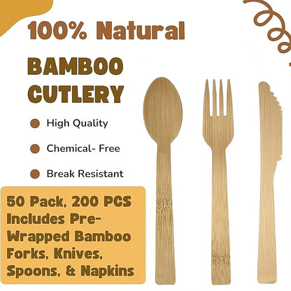 Premium Pre Rolled Bamboo Cutlery Set - 200 Pieces Natural Bamboo Cutlery - 50 Pack Compostable Utensils(50 Forks, 50 Knives, 50 Spoons, 50 Napkins), BIODEGRADABLE for Christmas, Gifting, Party