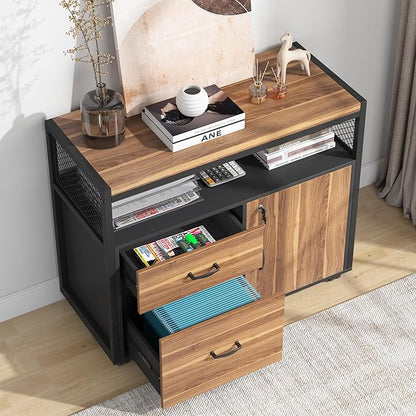 Tribesigns 63" Executive with Drawer Cabinet, L Shaped Desk and Lock lateral File Cabinet, 2 Piece Home Office Furniture Set with Drawers for Hanging File, (Brown, 63 inches)