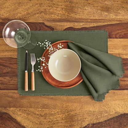 Solino Home Linen Fringe Cloth Placemats Set of 4-100% Pure Linen Desert Green Placemats 14 x 19 Inch for Fall, Autumn, Christmas, Winter, New Year