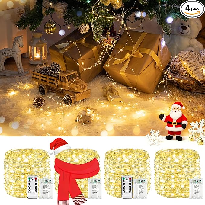 4Pack 80FT 240LED Christmas Fairy Lights Battery Operated with Remote & Timer | 8 Modes Twinkle String Lights Battery Powered Indoor Outdoor Waterproof for Bedroom Wedding Christmas Décor