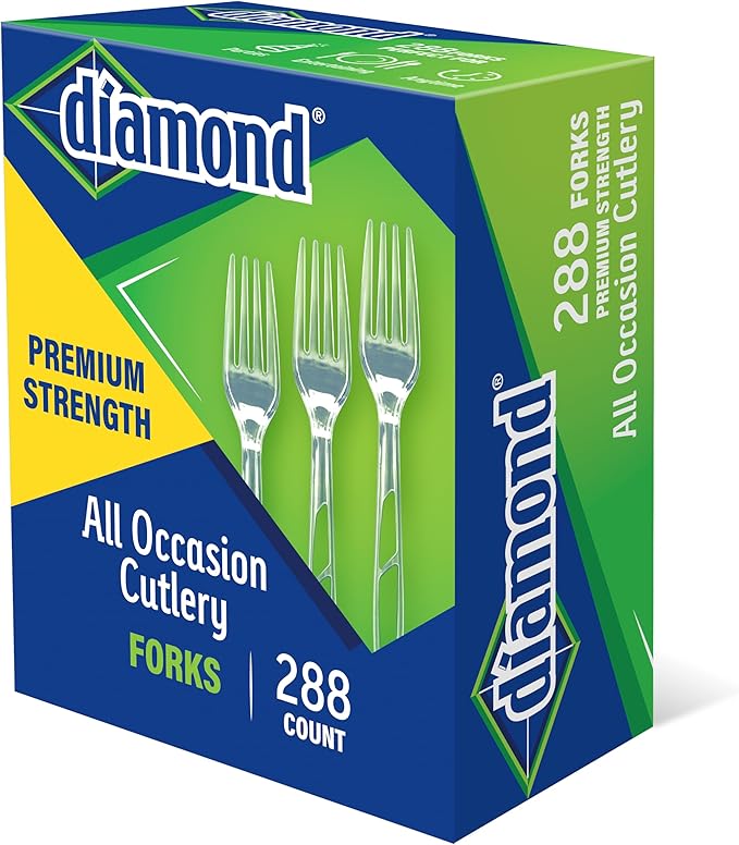 Diamond® All Occasion Clear Disposable Forks 288 Count – Heavy Duty Plastic Forks, Premium Polystyrene, Crystal Clear, Party, Catering, Everyday Use, Made in USA