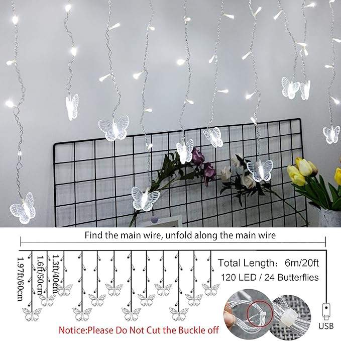 Butterfly Curtain Fairy Lights USB Plug in,120 LED 8 Modes 20FT Firefly Twinkle Icicle String Lights with Remote Timer Waterproof Copper Wire for Bedroom Patio Christmas Wedding Party Dorm(Cool White)