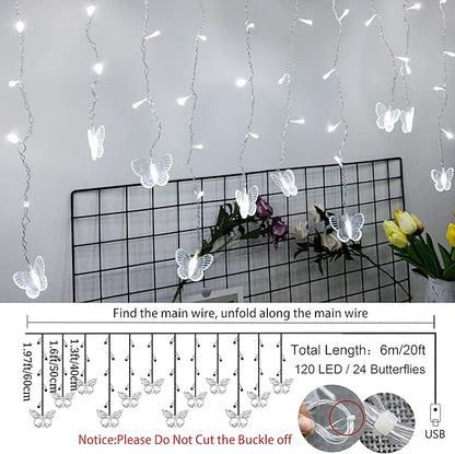 Butterfly Curtain Fairy Lights USB Plug in,120 LED 8 Modes 20FT Firefly Twinkle Icicle String Lights with Remote Timer Waterproof Copper Wire for Bedroom Patio Christmas Wedding Party Dorm(Cool White)