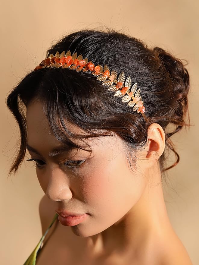 MINACHI Carnelian Leaf Crown Headband, Gold-Tone Wire Wrap Boho Hair Accessory, Jewelry for Women Mother's Day