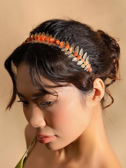 MINACHI Carnelian Leaf Crown Headband, Gold-Tone Wire Wrap Boho Hair Accessory, Jewelry for Women Mother's Day