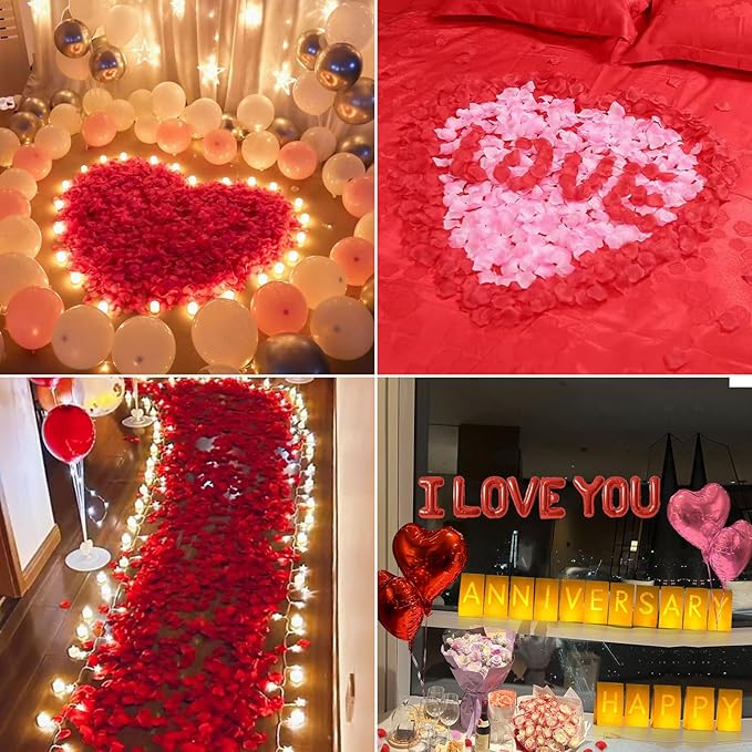 Happy Anniversary Lighted Letters Sign 16pcs Luminary Paper Bags 2000pcs Red Pink Rose Petals 48pcs Flameless LED Candle Tealight 10pcs Heart Balloons Romantic Night Valentine's Day Decorations