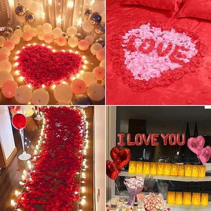 Happy Anniversary Lighted Letters Sign 16pcs Luminary Paper Bags 2000pcs Red Pink Rose Petals 48pcs Flameless LED Candle Tealight 10pcs Heart Balloons Romantic Night Valentine's Day Decorations
