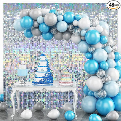 Iridescent Silver Shimmer Wall Backdrop,Shiny Sequins,48 PCS Sequins Backdrop Decoration Panels,Photo Background Decorations for Birthday Party Wedding Engagement Anniversary Graduation Baby Shower
