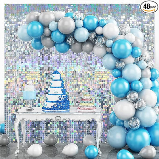 Iridescent Silver Shimmer Wall Backdrop,Shiny Sequins,48 PCS Sequins Backdrop Decoration Panels,Photo Background Decorations for Birthday Party Wedding Engagement Anniversary Graduation Baby Shower