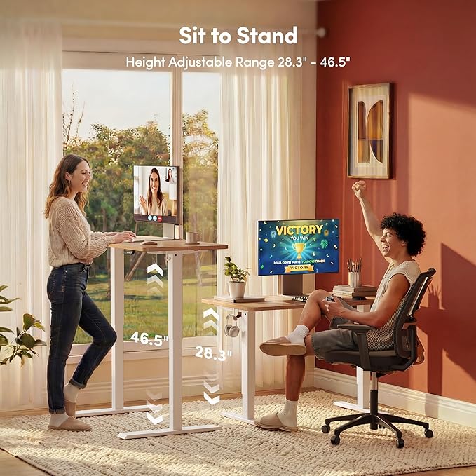 FEZIBO 55 x 24 Inchs Electric Standing Desk, Height Adjustable, Sit Stand Up, Computer Office Desk with Splice Board, White Frame/Maple Top