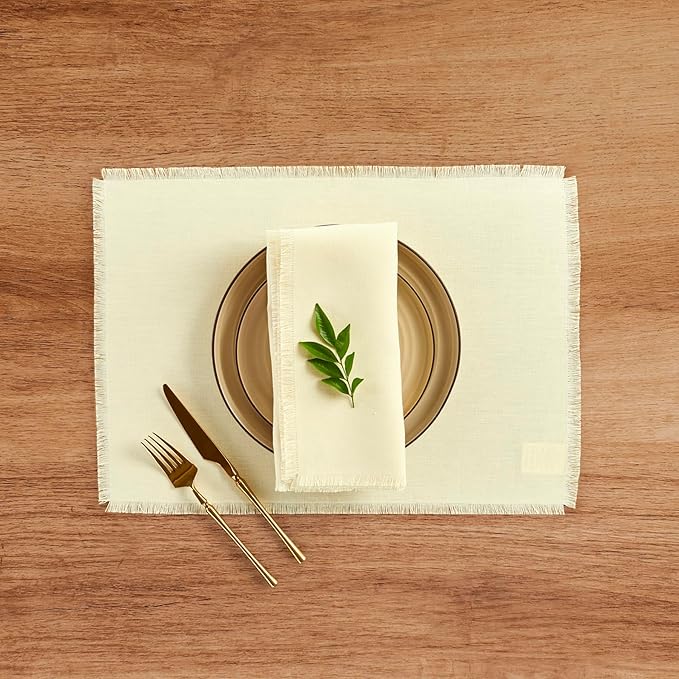 Solino Home Fringe Linen Napkins Set of 4-100% Pure Linen Creamy Ivory Dinner Napkins 20 x 20 Inch for Fall, Autumn, Christmas, Holiday, New Year - Handcrafted and Machine Washable