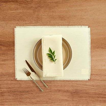 Solino Home Fringe Linen Napkins Set of 4-100% Pure Linen Creamy Ivory Dinner Napkins 20 x 20 Inch for Fall, Autumn, Christmas, Holiday, New Year - Handcrafted and Machine Washable