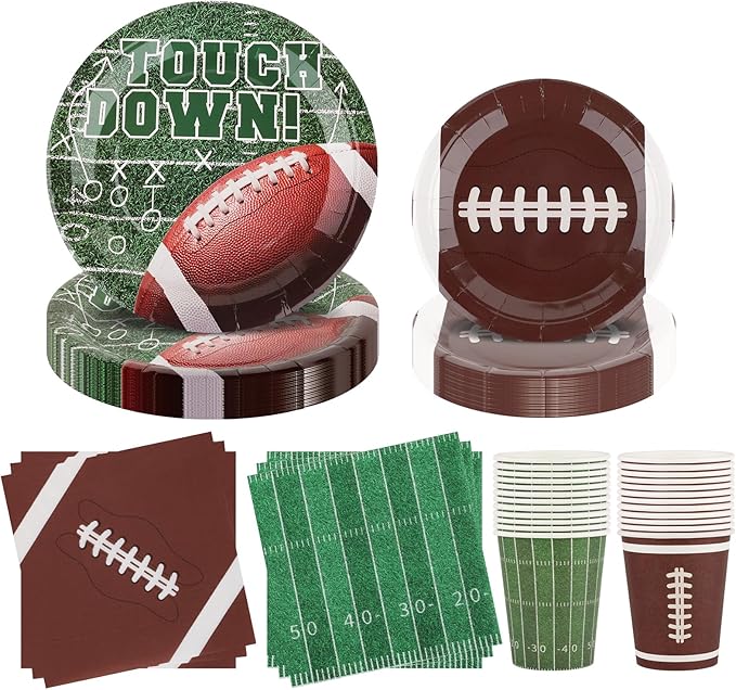 Football Party Supplies Set for 24-Disposable Paper Plates and Napkins, Cups, Touchdown Football Tableware Party Decorations for Birthday Themed Game Day Tailgate Table Decor