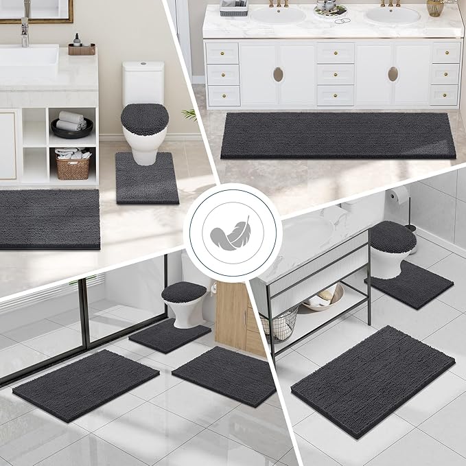 Smiry Luxury Chenille Bathroom Rugs 47x24, Extra Soft and Absorbent Shaggy Bath Mat, Machine Washable, Non-Slip Plush Carpet Runner for Tub, Shower, and Floor, Home Decor Accessories, Charcoal Grey
