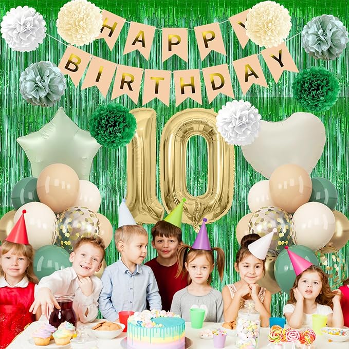 Sage Green 10th Birthday Decorations for Boys Girls Gold Number 10 Balloon Nude Gold Happy Birthday Banner Fringe Curtain Paper Pom Poms Olive Green Cream White Sand Star Foil Balloons Party Decor
