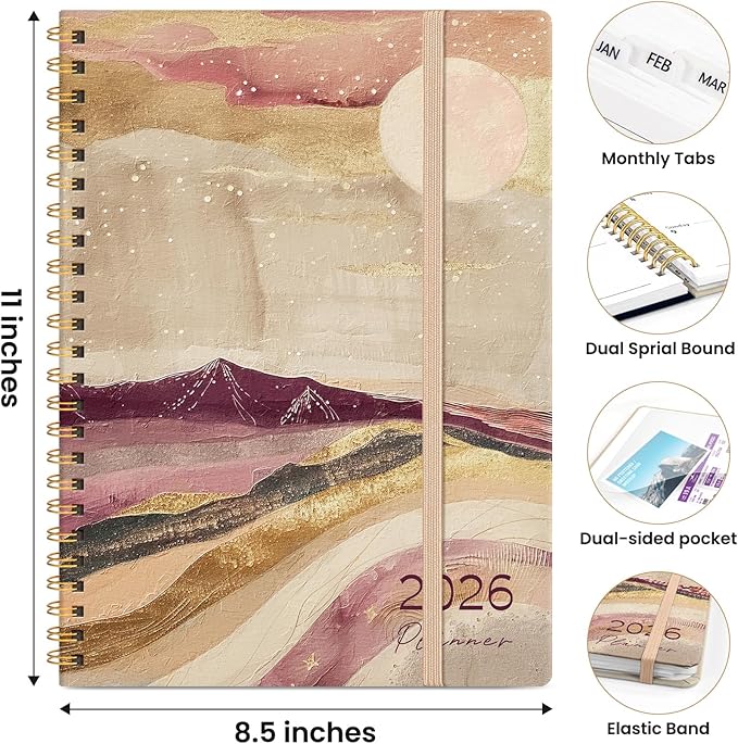 2026 Planner, Weekly and Monthly Planner for Women, Jan 2026 - Dec 2026 Pretty 2026 Calendar Planner with Monthly Tabs, Inner Pocket, Spiral Binding, Perfect for Office Home School - 8.5" x 11", Landscape