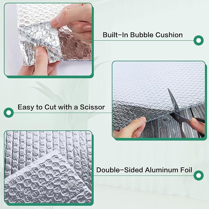 Reflective Bubble Insulation Sheet, Double Side Aluminum Foil Bubble Shield, Aluminum Foil Thermal Insulation Radiant Barrier for Windows, RV, Roof, Garage Door (47IN X 15FT)