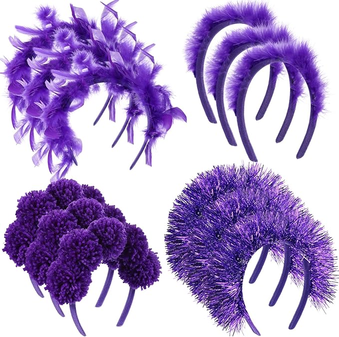 12 Pcs Christmas Fuzzy Pom Pom Headbands Fluffy Yarn Feather Tinsel Spirit Party Headwear for Birthday Festival